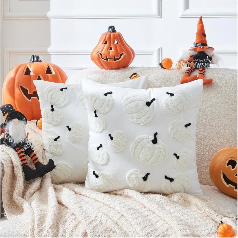 Seoenlin Halloween Pillow Covers 18x18 inch Set of 2 White Throw Pillow Cases Soft Plush Cushion Case for Chair Sofa Bedroom Living Room Home Decor (White Pumpkin) - Image 1